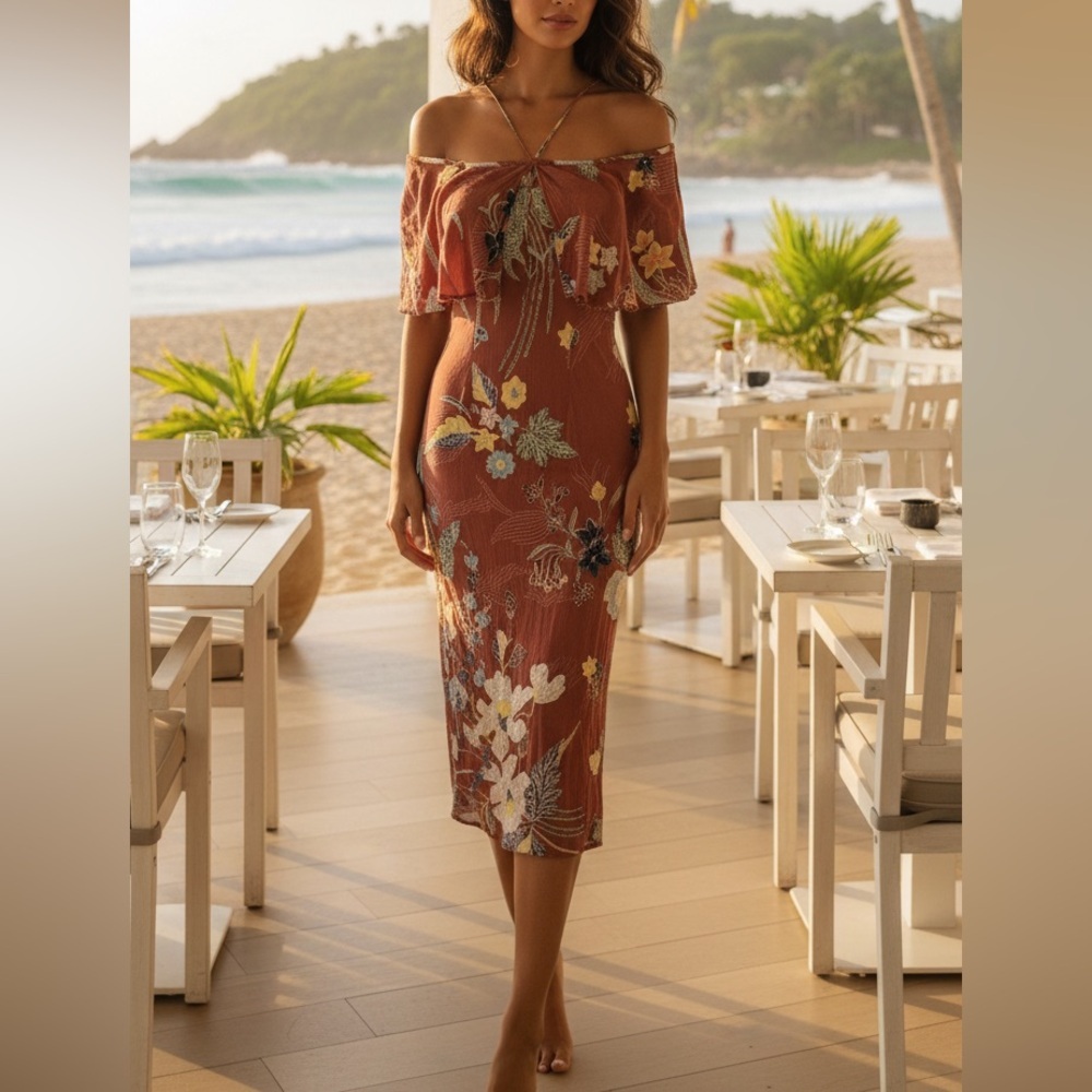 Cleobella Off-Shoulder Ruffle Floral Midi Dress